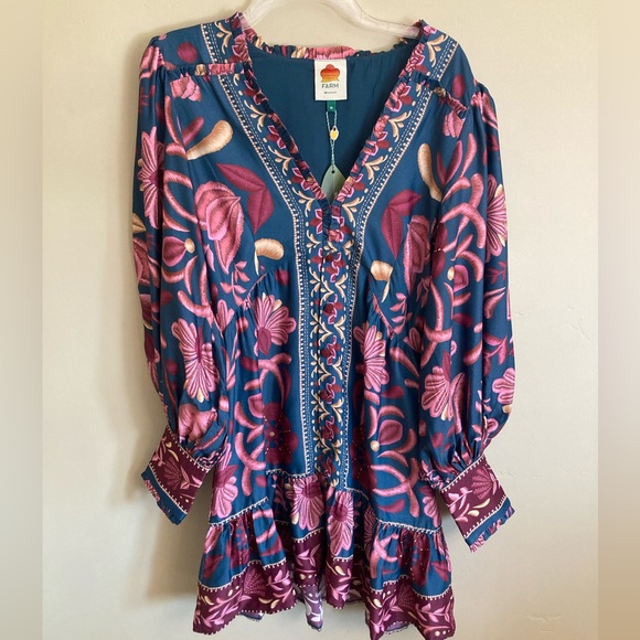 NEW FARM Rio Seashell Tapestry Teal Long Sleeve Mini Dress Floral Beaded Size M - Picture 6 of 16